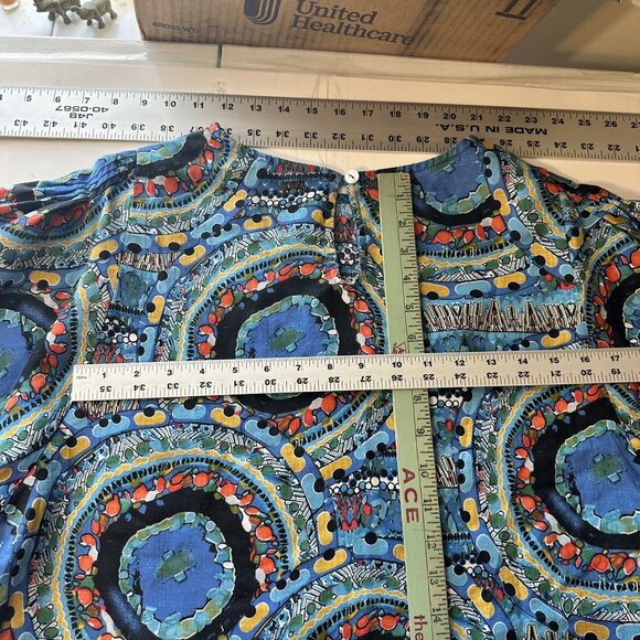 Impressions Womens Linen Blouse Geometric Blue Small Art to Wear Crew - Picture 5 of 5